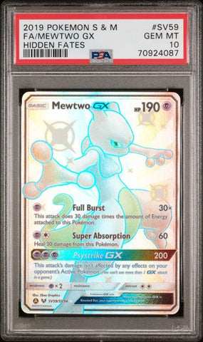 2019 POKEMON SUN & MOON HIDDEN FATES #SV59 FA/MEWTWO GX HIDDEN FATES PSA 10 - 087