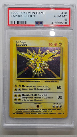 1999 POKEMON GAME ZAPDOS - HOLO #16 PSA 10 - 518