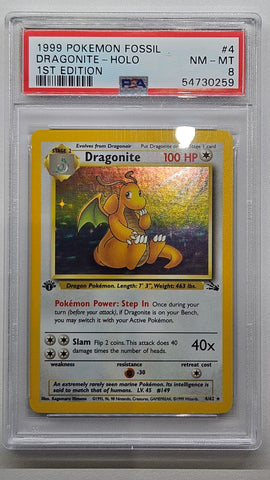 1999 POKEMON FOSSIL #4 DRAGONITE - HOLO 1ST EDITION PSA 8 - 259