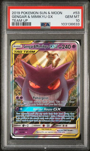 2019 POKEMON SUN & MOON TEAM UP #53 GENGAR & MIMIKYU GX TEAM UP PSA 10 - 633
