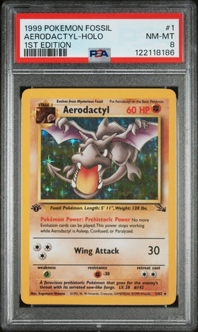 1999 POKEMON FOSSIL #1 AERODACTYL-HOLO 1ST EDITION PSA 8 - 186