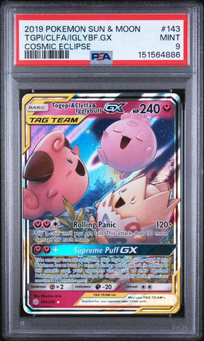 2019 POKEMON SUN & MOON COSMIC ECLIPSE #143 TOGEPI/CLEFFA/IGGLYBUFF.GX COSMIC ECLIPSE PSA 9 - 886