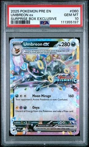 2025 POKEMON PRE EN-PRISMATIC EVOLUTIONS #060 UMBREON ex SURPRISE BOX EXCLUSIVE PSA 10 - 197