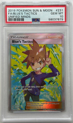 2019 POKEMON SUN & MOON FULL ART BLUE'S TACTICS UNIFIED MINDS #231 PSA 10 - 879