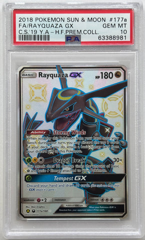 2018 POKEMON SUN & MOON FULL ART/RAYQUAZA GX G.S.'19 Y.A. - HIDDEN FATES PREMIUM COLLECTION #177A PSA 10 - 981