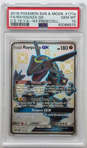 2018 POKEMON SUN & MOON FULL ART/RAYQUAZA GX G.S.'19 Y.A. - HIDDEN FATES PREMIUM COLLECTION #177A PSA 10 - 970