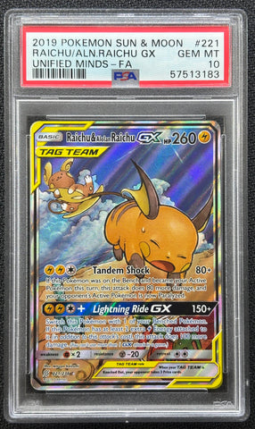 2019 POKEMON SUN & MOON RAICHU/ALOLAN RAICHU GX UNIFIED MINDS - FULL ART #221 PSA 10 - 183