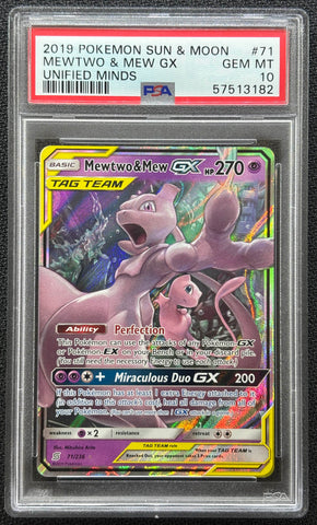 2019 POKEMON SUN & MOON MEWTWO & MEW GX UNIFIED MINDS #71 PSA 10 - 182