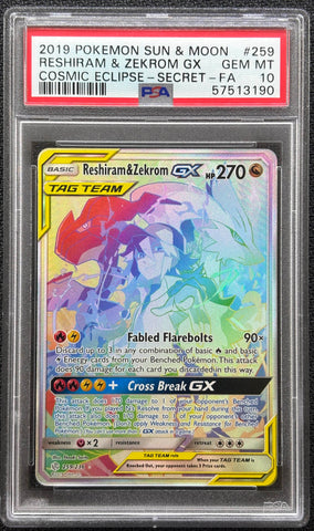 2019 POKEMON SUN & MOON RESHIRAM & ZEKROM GX COSMIC ECLIPSE - SECRET - FULL ART #259 PSA 10 - 190