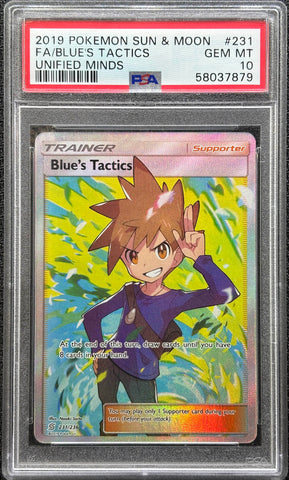 2019 POKEMON SUN & MOON FULL ART BLUE'S TACTICS UNIFIED MINDS #231 PSA 10 - 879