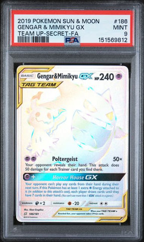 2019 POKEMON SUN & MOON TEAM UP #186 GENGAR & MIMIKYU GX TEAM UP-SECRET-FA PSA 9 - 812