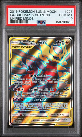 2019 POKEMON SUN & MOON UNIFIED MINDS #228 FA/GRCHMP. & GRTN. GX UNIFIED MINDS PSA 10 - 413