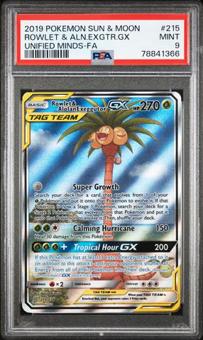 2019 POKEMON SUN & MOON UNIFIED MINDS #215 ROWLET & ALOLAN EXEGGUTOR GX UNIFIED MINDS-FA PSA 9 - 366