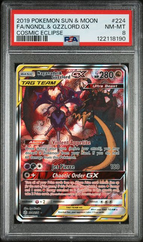 2019 POKEMON SUN & MOON COSMIC ECLIPSE #224 FA/NGNDL.& GZZLORD.GX COSMIC ECLIPSE PSA 8 - 190