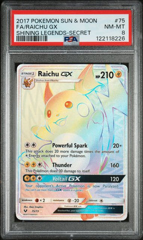 2017 POKEMON SUN & MOON SHINING LEGENDS #75 FA/RAICHU GX SHINING LEGENDS-SECRET PSA 8 - 226