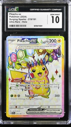 PIKACHU EX POKEMON 2024 SURGING SPARKS - 219/191 ULTRA RARE - HOLO CGC 10 - 001