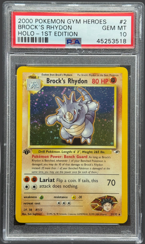 2000 POKEMON GYM HEROES #2 BROCK'S RHYDON HOLO-1ST EDITION PSA 10 - 518