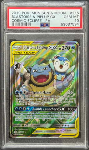 2019 POKEMON SUN & MOON BLASTOISE & PIPLUP GX COSMIC ECLIPSE - FULL ART #215 PSA 10 - 594
