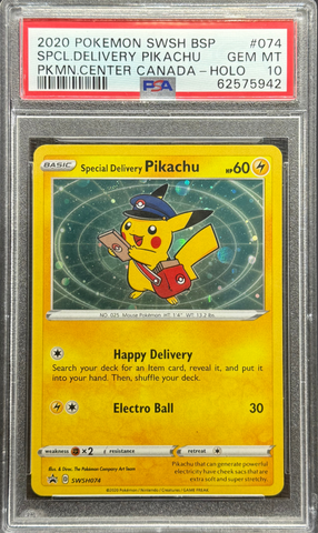 2020 POKEMON SWSH BLACK STAR PROMO #074 SPCL.DELIVERY PIKACHU PKMN.CENTER CANADA-HOLO PSA 10 - 942