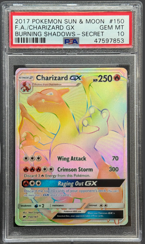 2017 POKEMON SUN & MOON BURNING SHADOWS #150 FA/CHARIZARD GX BURNING SHADOWS-SECRET PSA 10 - 853