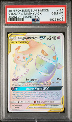 2019 POKEMON SUN & MOON TEAM UP #186 GENGAR & MIMIKYU GX TEAM UP-SECRET-FA PSA 10 - 075