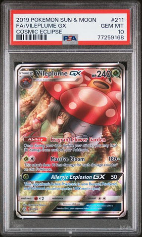 2019 POKEMON SUN & MOON COSMIC ECLIPSE #211 FA/VILEPLUME GX COSMIC ECLIPSE PSA 10 - 168