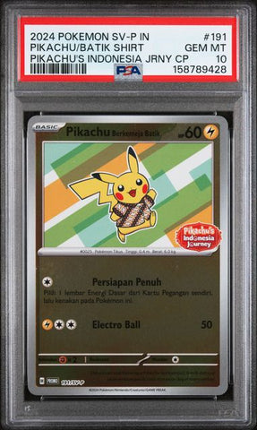 2024 POKEMON INDONESIAN SV-P PROMO #191 PIKACHU/BATIK SHIRT PIKACHU'S INDONESIA JRNY CP PSA 10 - 428