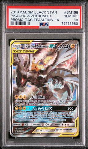 2019 POKEMON SM BLACK STAR PROMO #SM168 PIKACHU & ZEKROM GX PROMO-TAG TEAM TINS-FA PSA 10 - 580