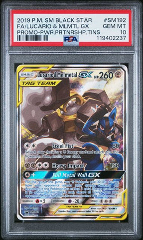 2019 POKEMON SM BLACK STAR PROMO #SM192 FA/LUCARIO & MLMTL.GX PROMO-PWR.PRTNRSHP.TINS PSA 10 - 237