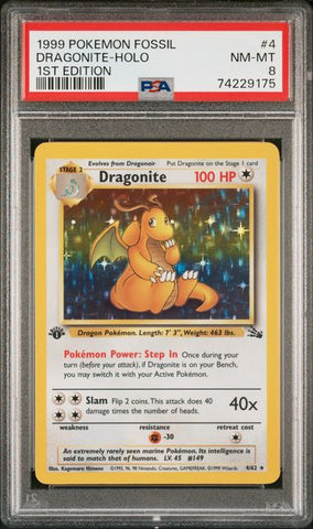 1999 POKEMON FOSSIL #4 DRAGONITE-HOLO 1ST EDITION PSA 8 - 175
