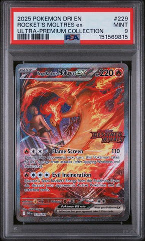 2025 POKEMON DRI EN-DESTINED RIVALS #229 ROCKET'S MOLTRES ex ULTRA-PREMIUM COLLECTION PSA 9 - 815