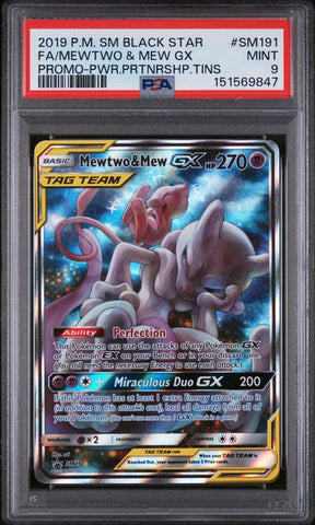 2019 POKEMON SM BLACK STAR PROMO #SM191 FA/MEWTWO & MEW GX PROMO-PWR.PRTNRSHP.TINS PSA 9 - 847